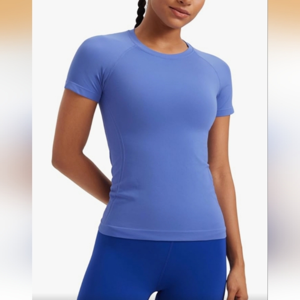 CRZ YOGA Seamless Workout Top Hip Length - Athletic Running Periwinkle Blue Sz M